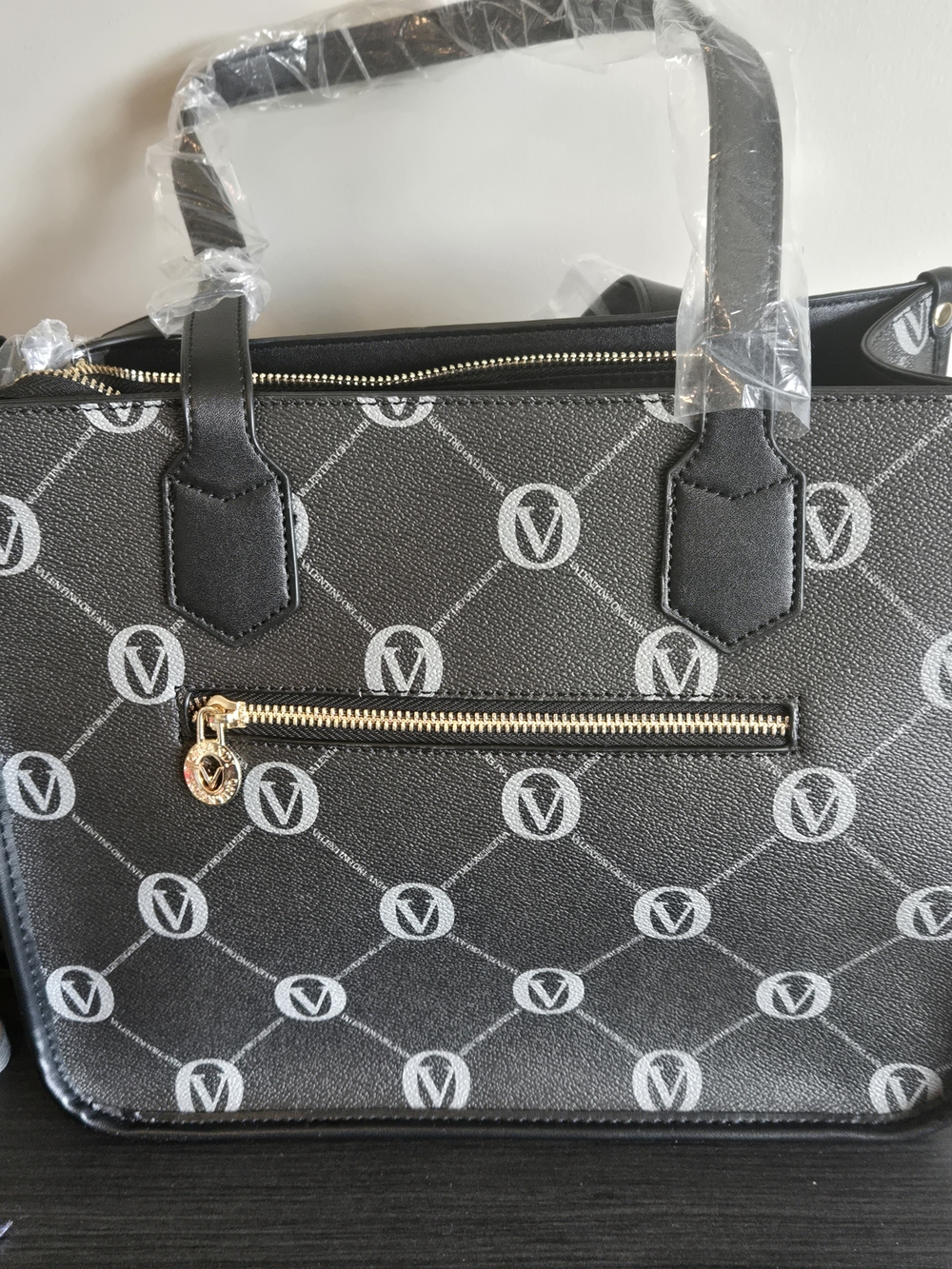 Valentino Orlandi Black & Gray Vegan Leather Satchel with Gold V Accent - Picture 2 of 7